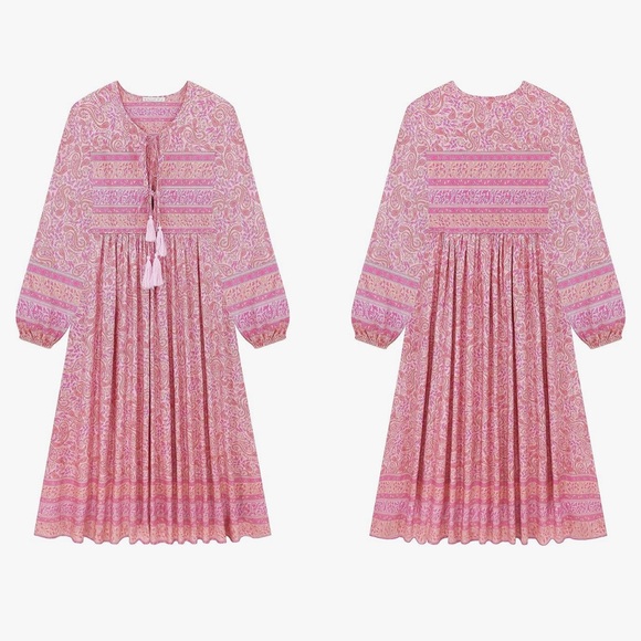 Long Sleeve BLUSH Floral Print Tassel Tie Top Bohemian Midi Dress - Picture 4 of 5